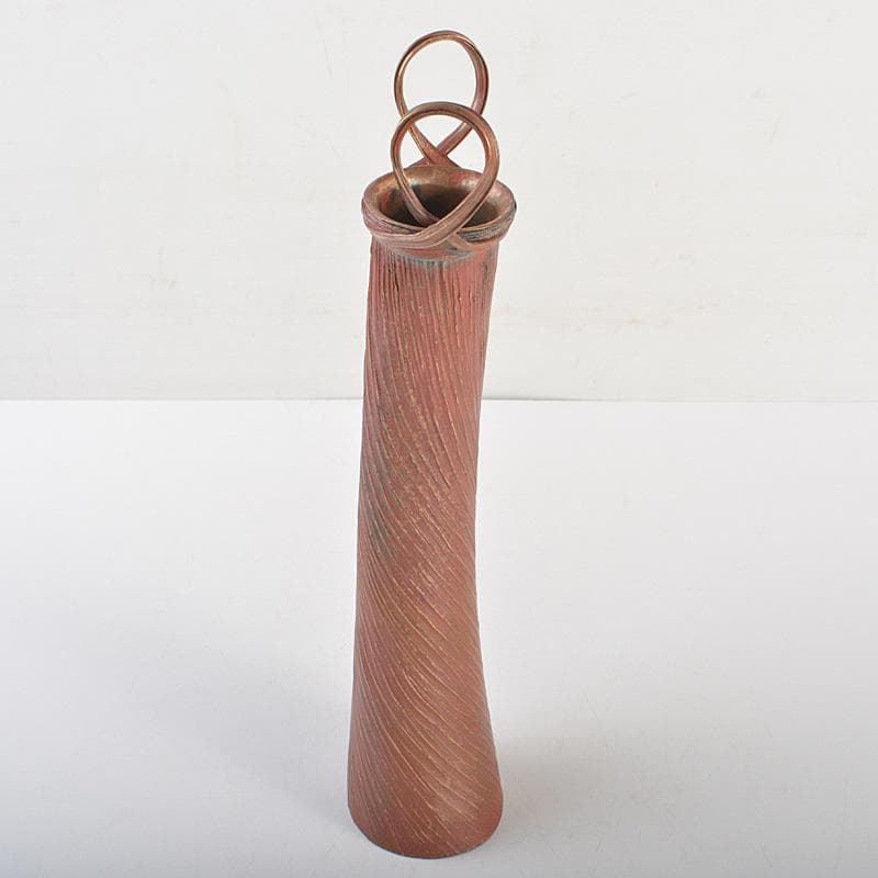 高岡銅器　須賀正紀造　蝋型鋳銅　素文耳付花生　花器　共布共箱　C　R7485