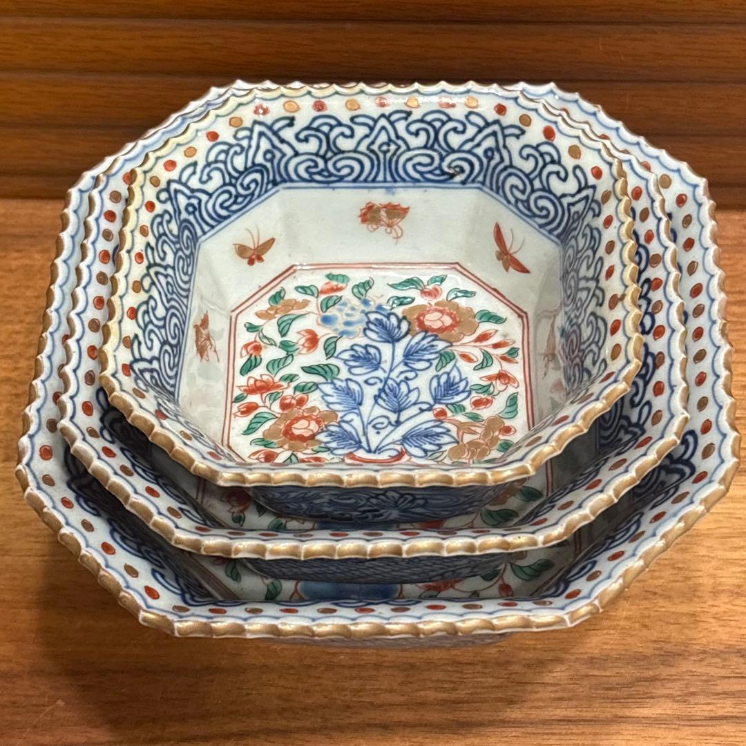 江戸時代□古伊万里　三つ重ね　どんぶり 正月