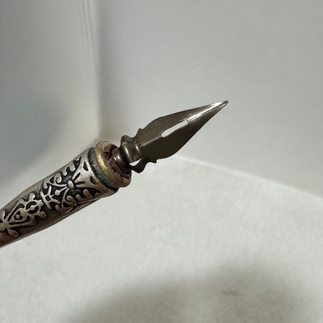 シルバー高級ハンドメイド　フルール・ド・リス ペンとインクポット シルバー万年筆