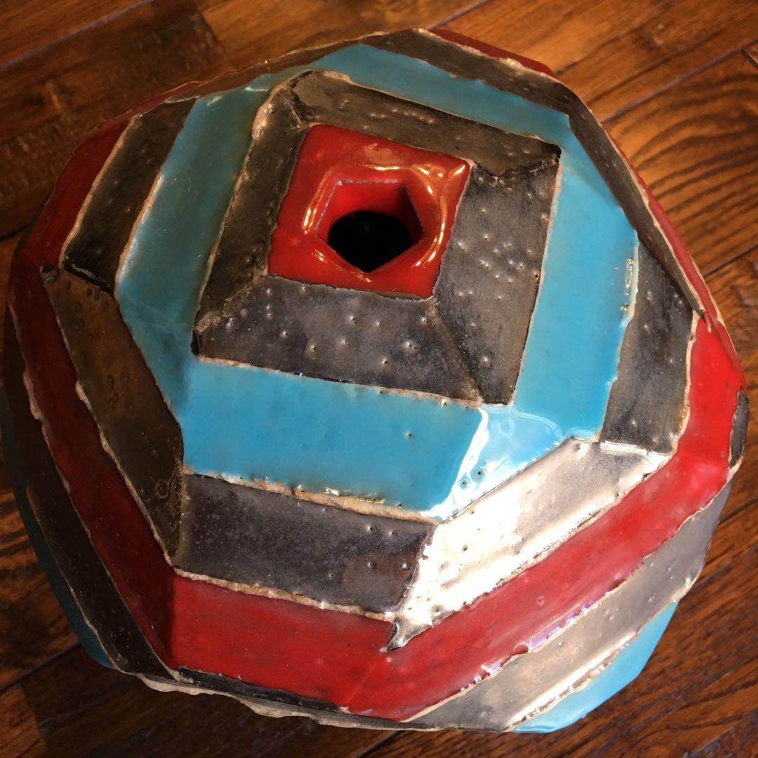 希少珍品！益子焼 瀬戸浩 赤青彩 銀條文壺 塩焼〆多面取壺 花器 飾壺 古美術品