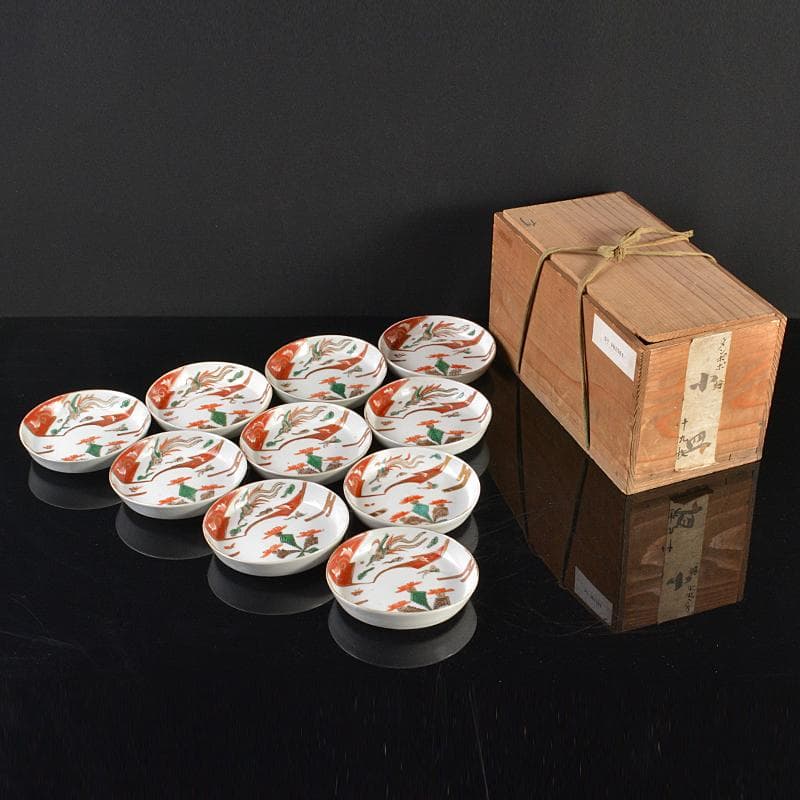 伊万里焼　古伊万里　赤絵金彩　鳥蒲公英文　小皿　十客　時代箱付　C　R6176