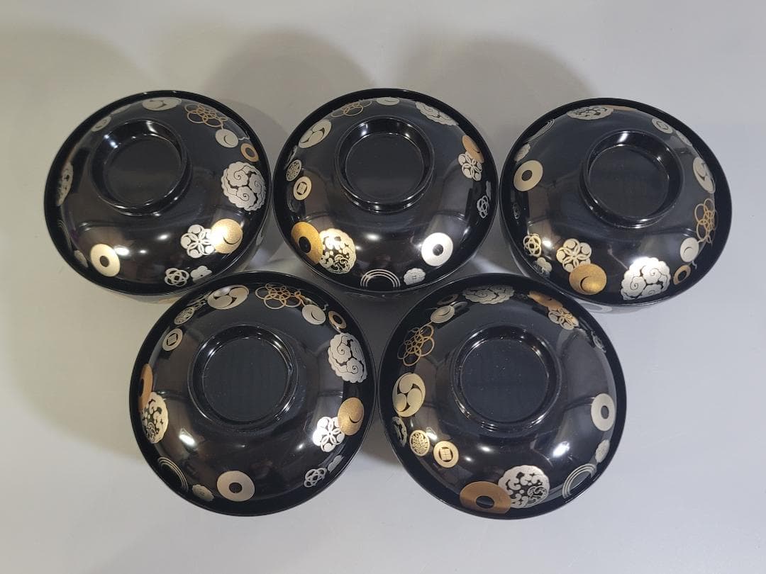 金銀 家紋散 蒔絵 吸物椀 五客 美品 DT339