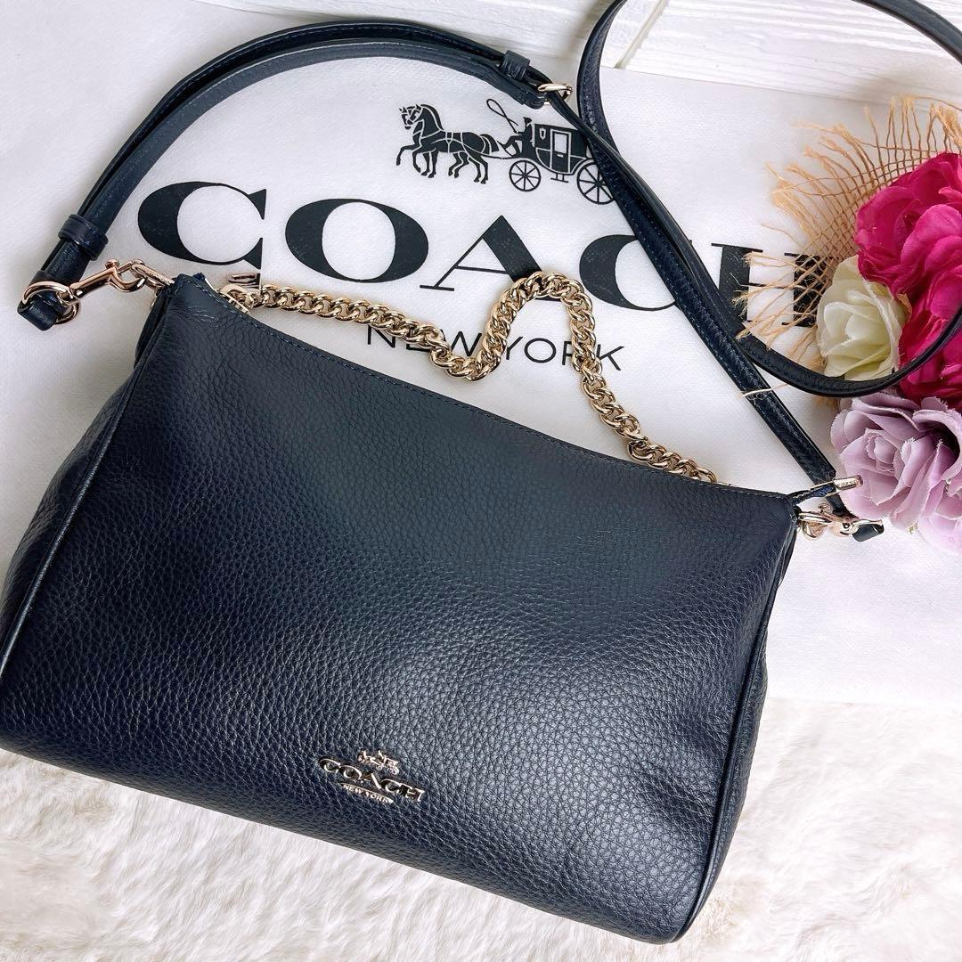 未使用☆COACHコーチ チェーン2wayショルダーバッグ シボ革レザー 紺色