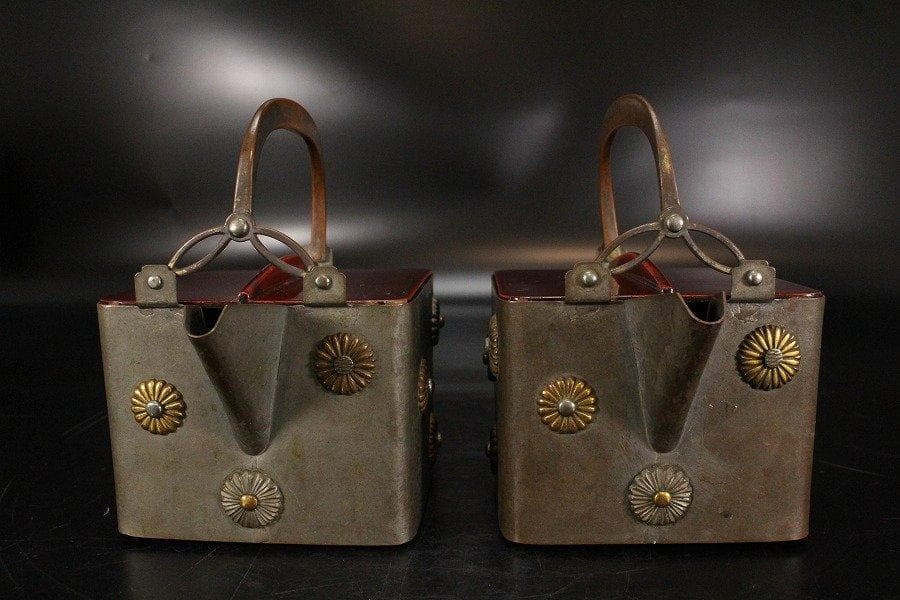 銅製 金銀菊紋 散らし 四方 銚子 酒器 一対 旧家蔵出