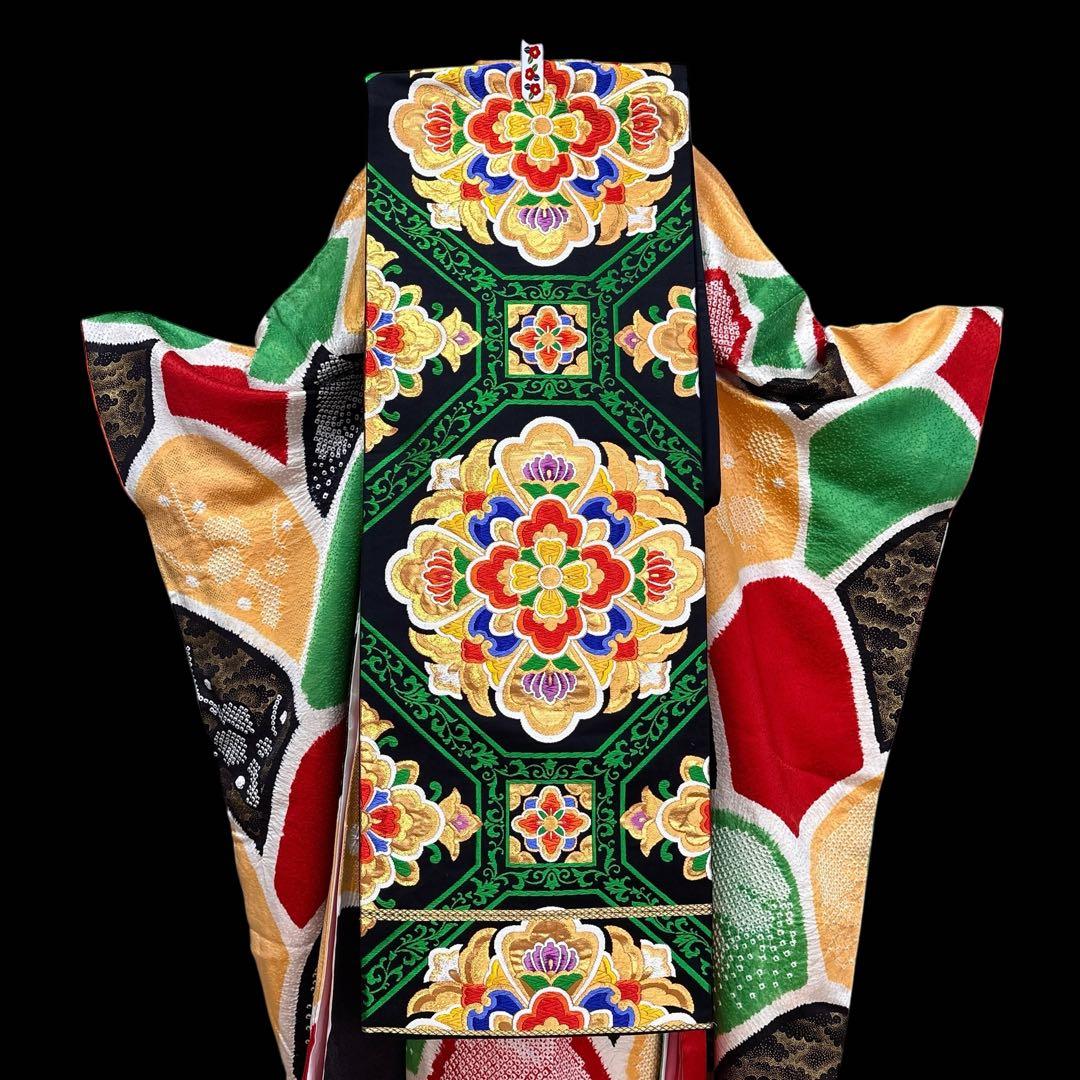 (う19) 個性派‼️彩りの芸術✨総絞り 青海波文様 アンティーク振袖㊗️③点セット