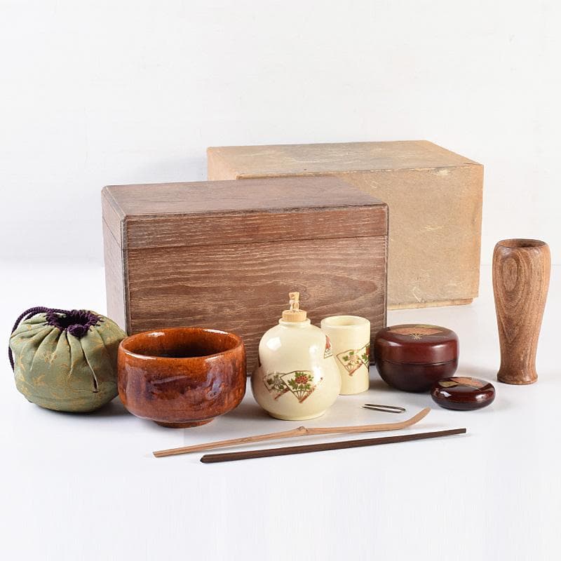 茶道具　桑茶箱　茶碗　振出など　九点　一式　仕覆付　V　R7633