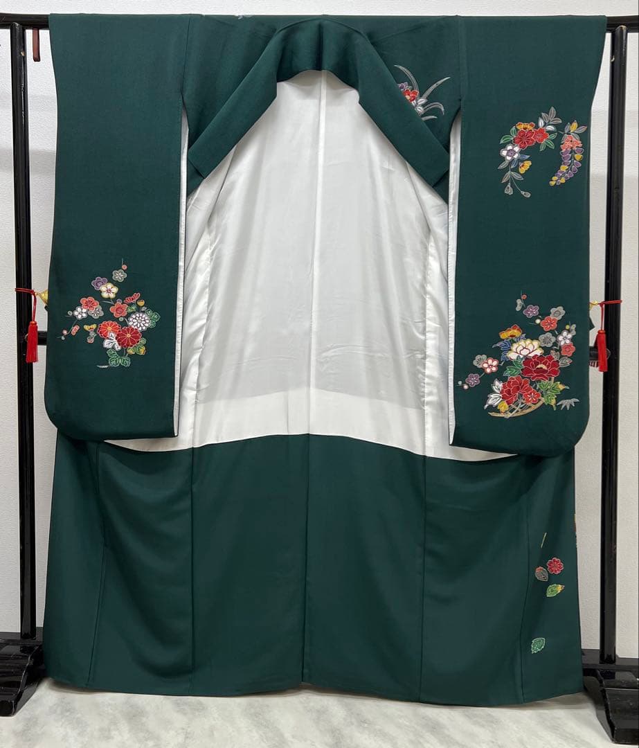 振り袖　フルセット　浜ちりめん　別誂長襦袢　深緑　個性的　友禅　成人式　717