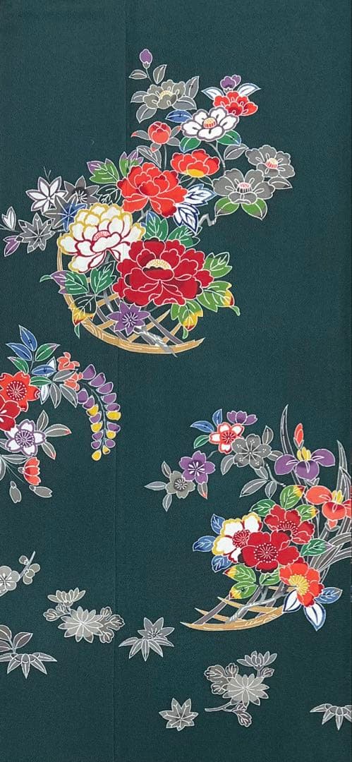 振り袖　フルセット　浜ちりめん　別誂長襦袢　深緑　個性的　友禅　成人式　717