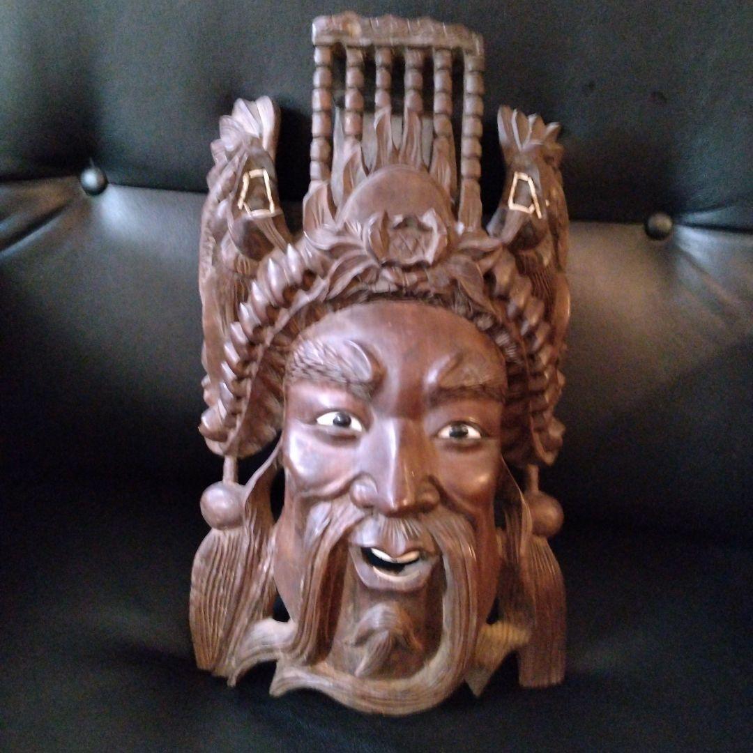 中国　木彫り　お面　壁掛け　壁掛け　魔除け