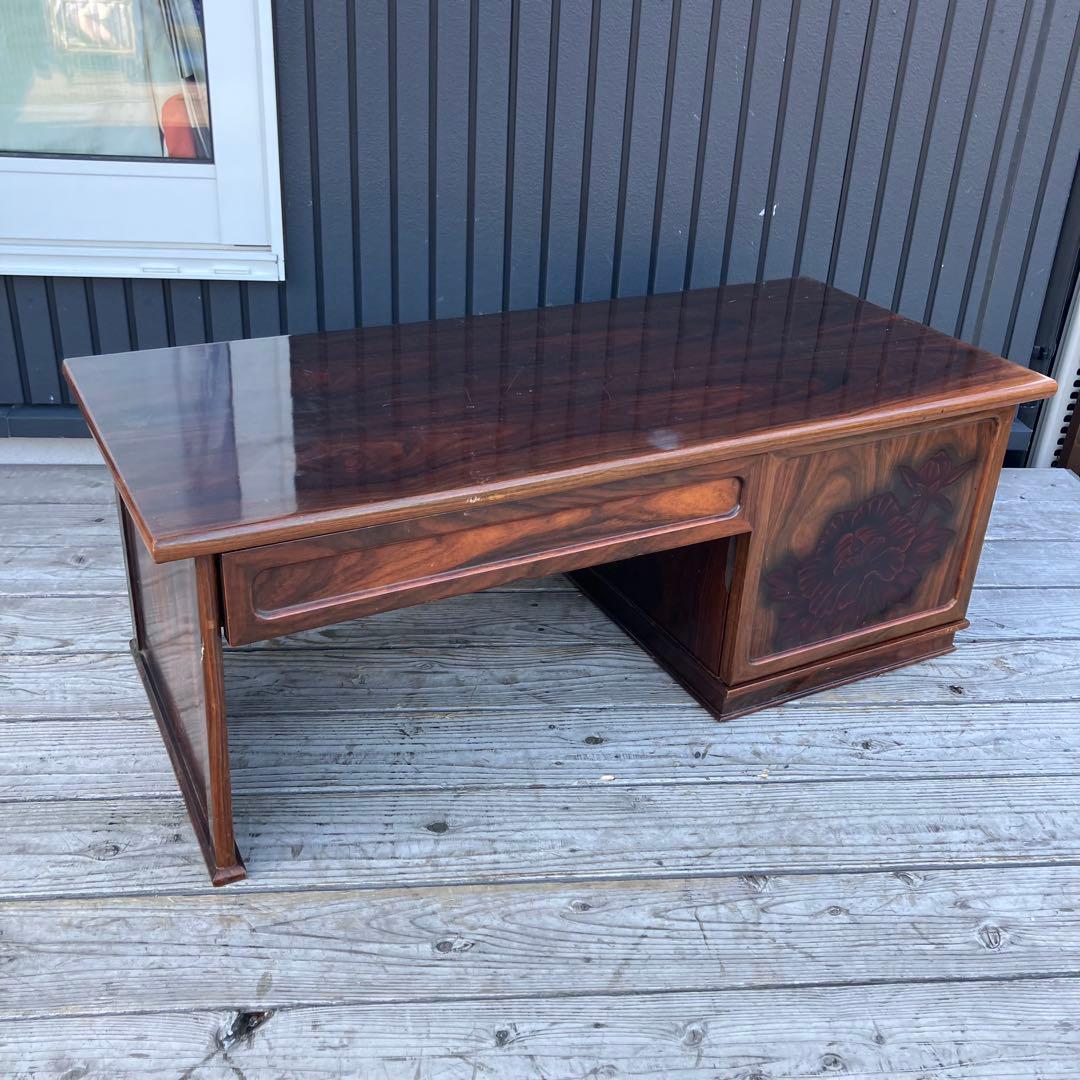 昭和レトロ 古家具 花柄彫刻 木彫り 木製文机 引き出し付き座卓 書斎机 古道具