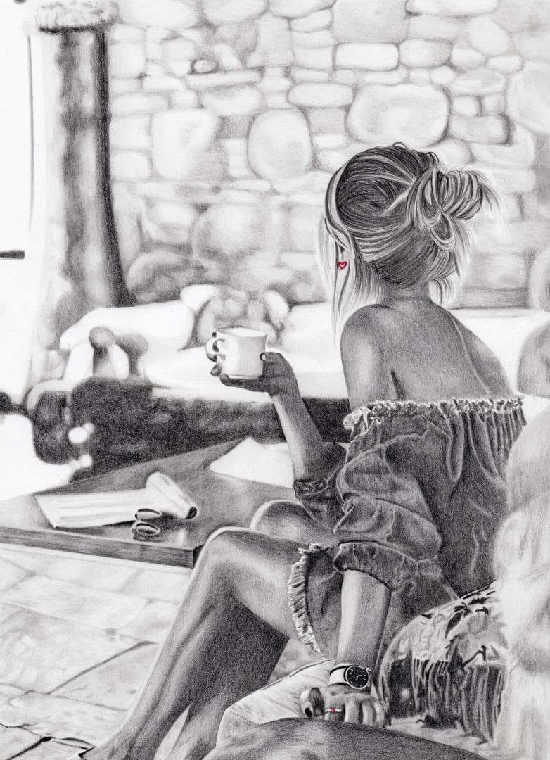 鉛筆画「A coffee break」　B5大サイズ