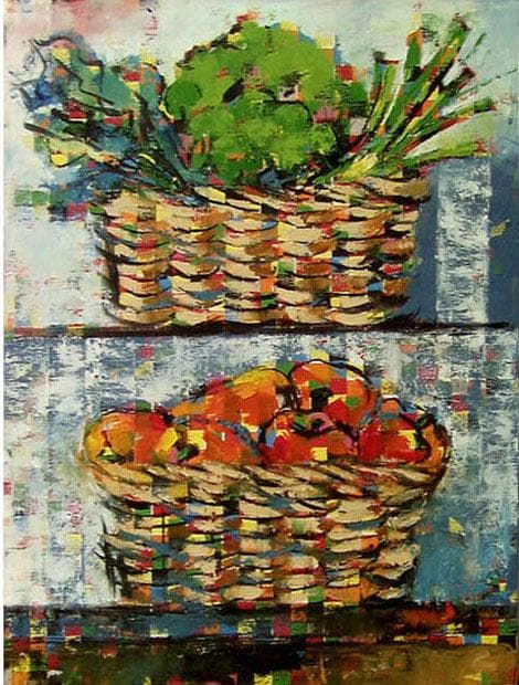 油絵菅家令子絵 絵画インテリア額付(青緑＋金色の枠)uF6-060903静物野菜