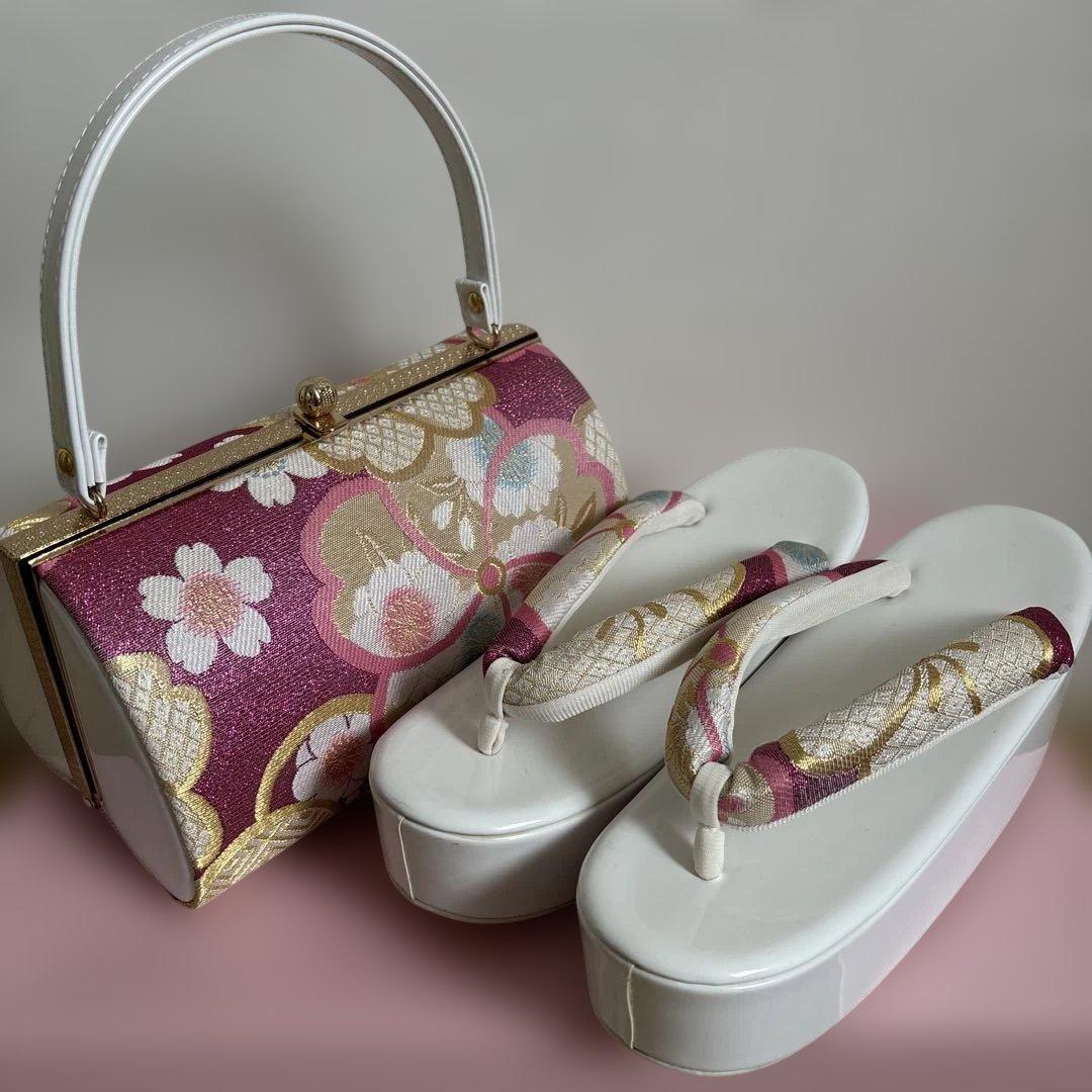 ピンクの花柄と金系の和装用バッグと草履セット 成人式 卒業式 着物