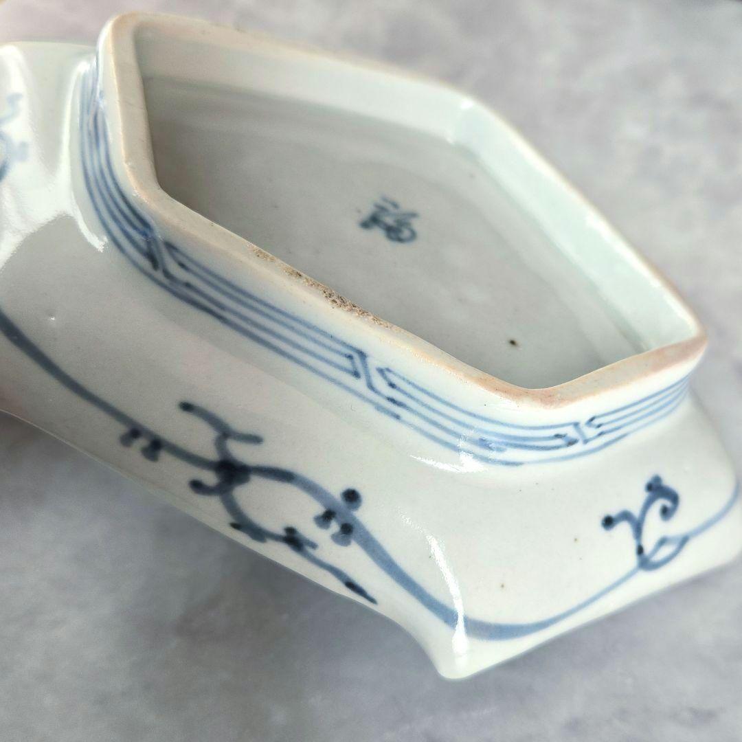 古伊万里　染付　変形皿　型紙摺　印判　龍　骨董　アンティーク　金直し　金継ぎ