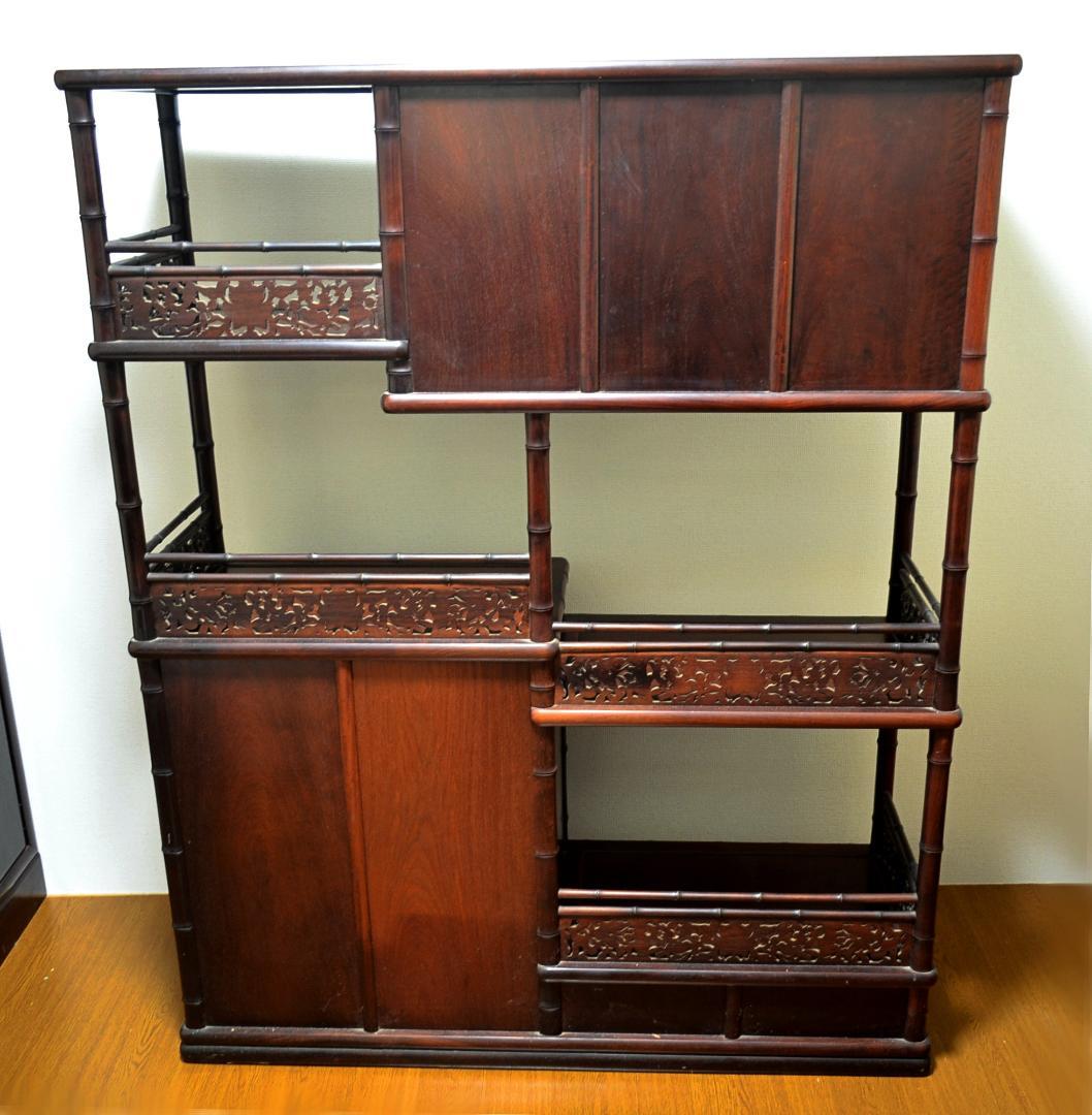 アンティーク　唐木 紫檀 無垢 花鳥 細密彫刻 開戸 引出 飾棚 150㎝