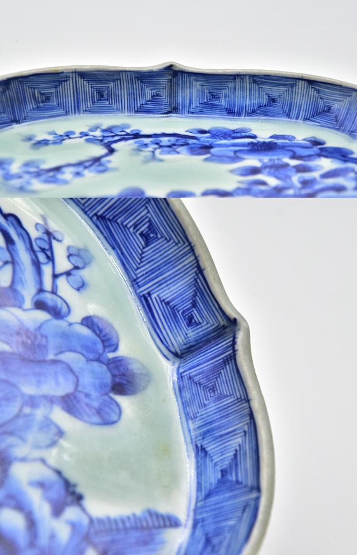 時代年代物 古伊万里 染付 変形皿 花鳥図 仕覆 合わせ箱 有田焼 伊万里焼