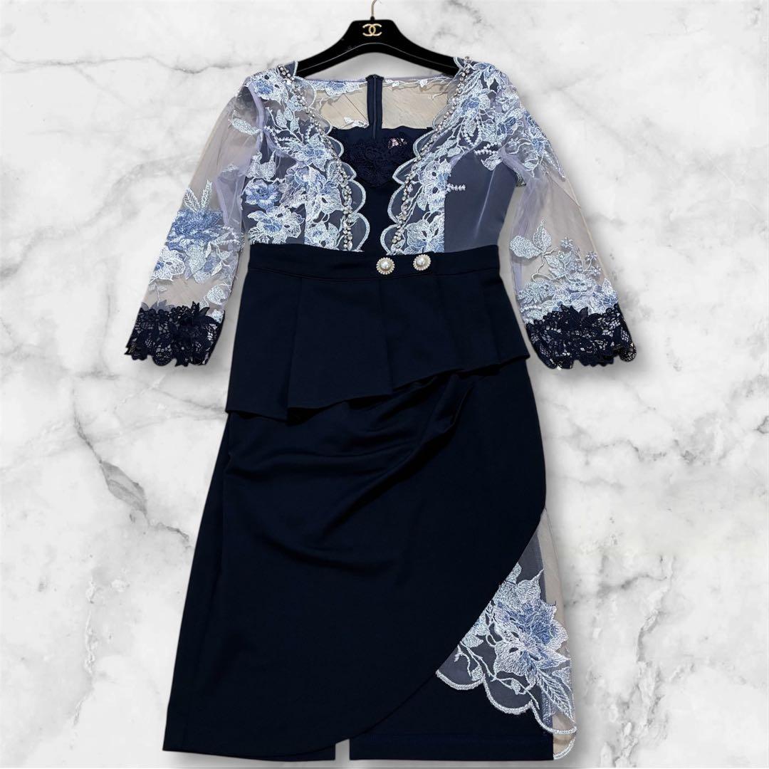 極美品✨ソブレ キャバドレス ビジュー ペプラム タイトドレス ネイビー M