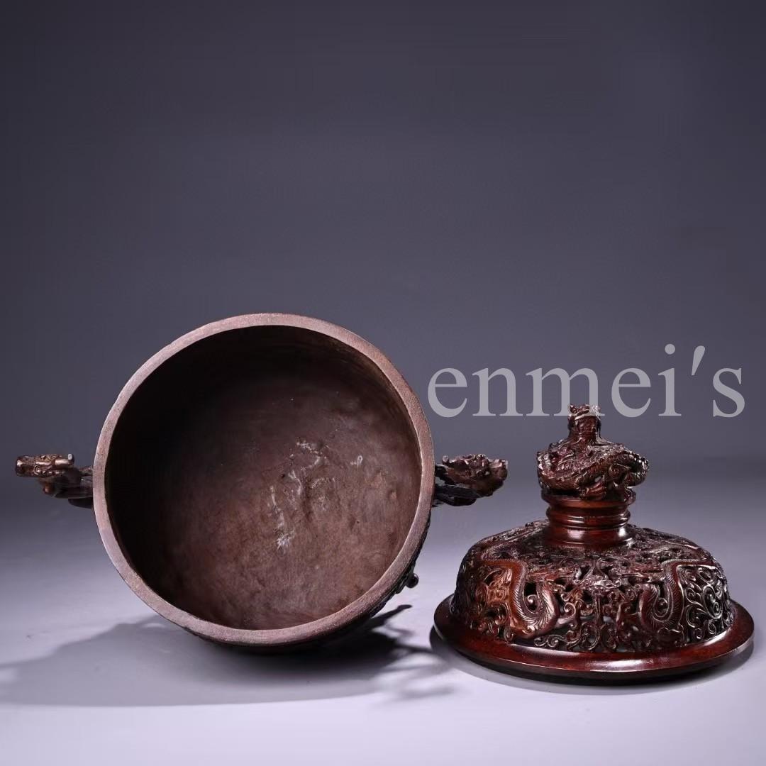 中国古美術・旧蔵純銅熏香炉・純銅製・香炉・鏨刻・高浮彫・置物・茶道具・文房具
