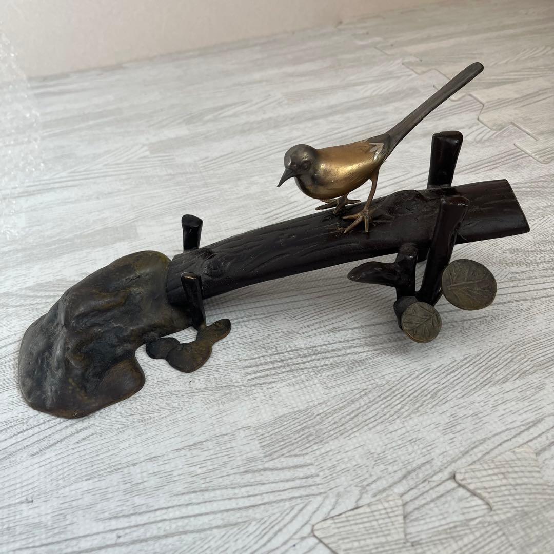 伝統工芸　美術　小鳥　木　止まり木　銅器 真鍮　正晴刻印　金属工芸　古物　骨董