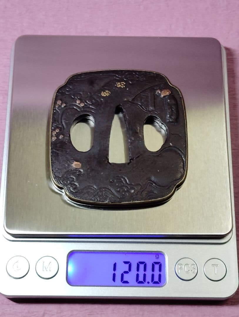 刀装具 鐔 鍔 無銘 鉄地 銅覆輪 金象嵌 色絵 賢人風景図 木瓜形鐔 時代物