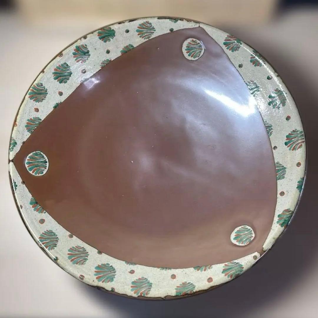 濱田友緒　柿釉赤絵大皿　共箱