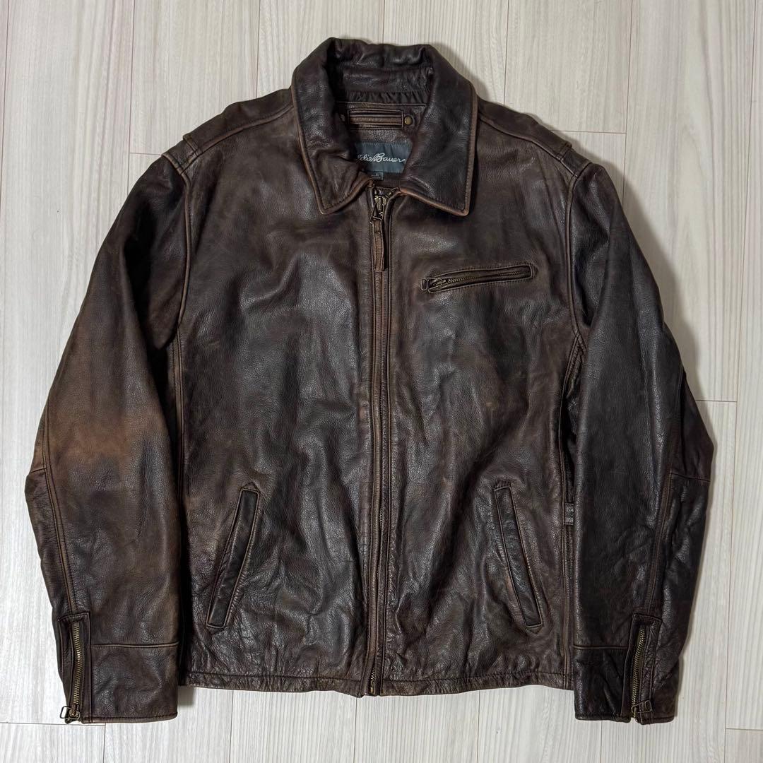 00s Eddie Bauer 牛革 レザージャケット ブラウン XL