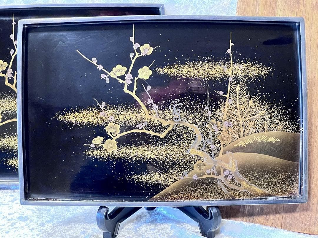 金蒔絵　松梅紋　入子盆一対　明治期　裏底にダメージ有