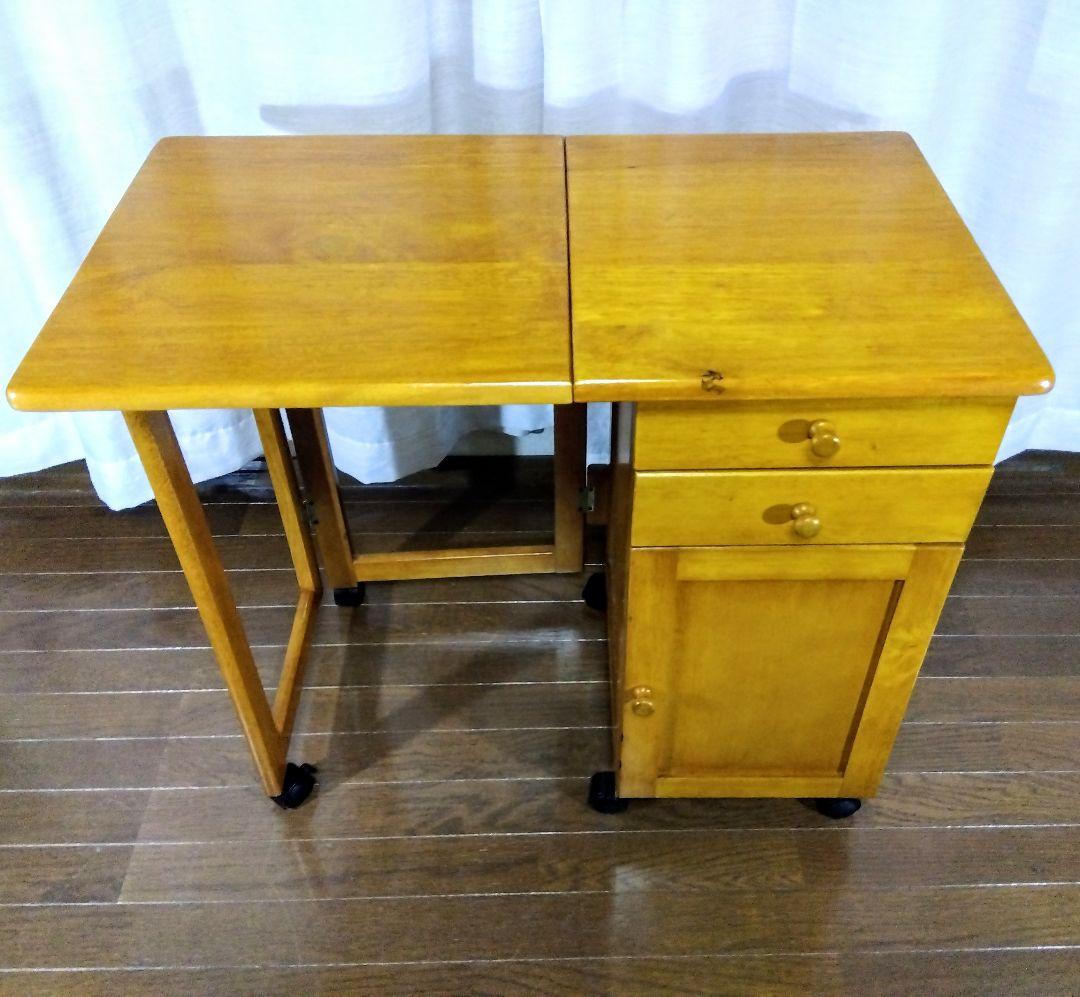 【アンティーク】収納付折畳デスク　多機能サイドテーブル　（キャスター付）匿名配送