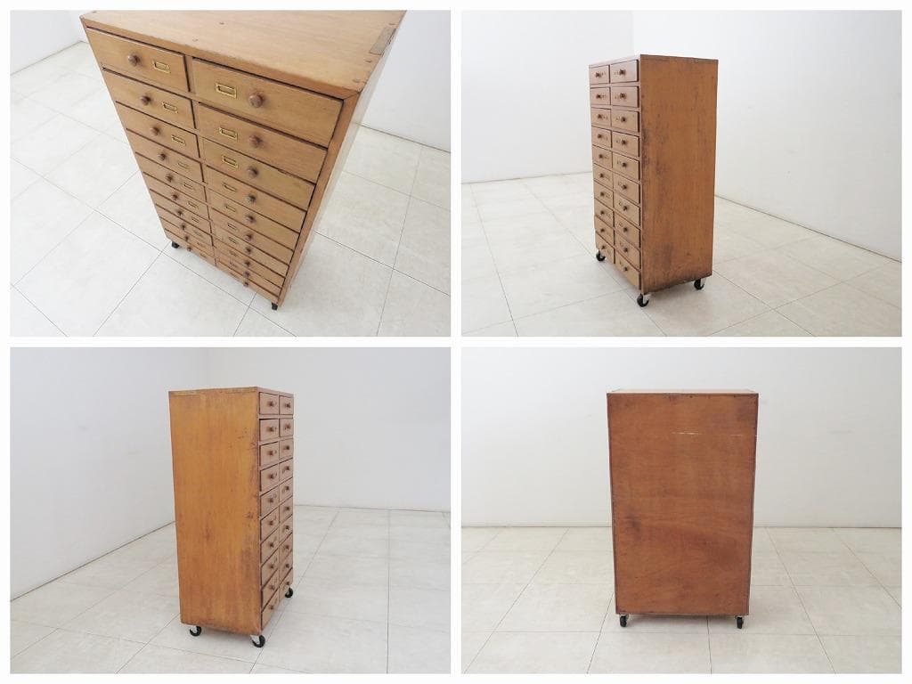 古い木製引き出し 20杯 キャスター ヴィンテージ 古家具 書類 小物入れ