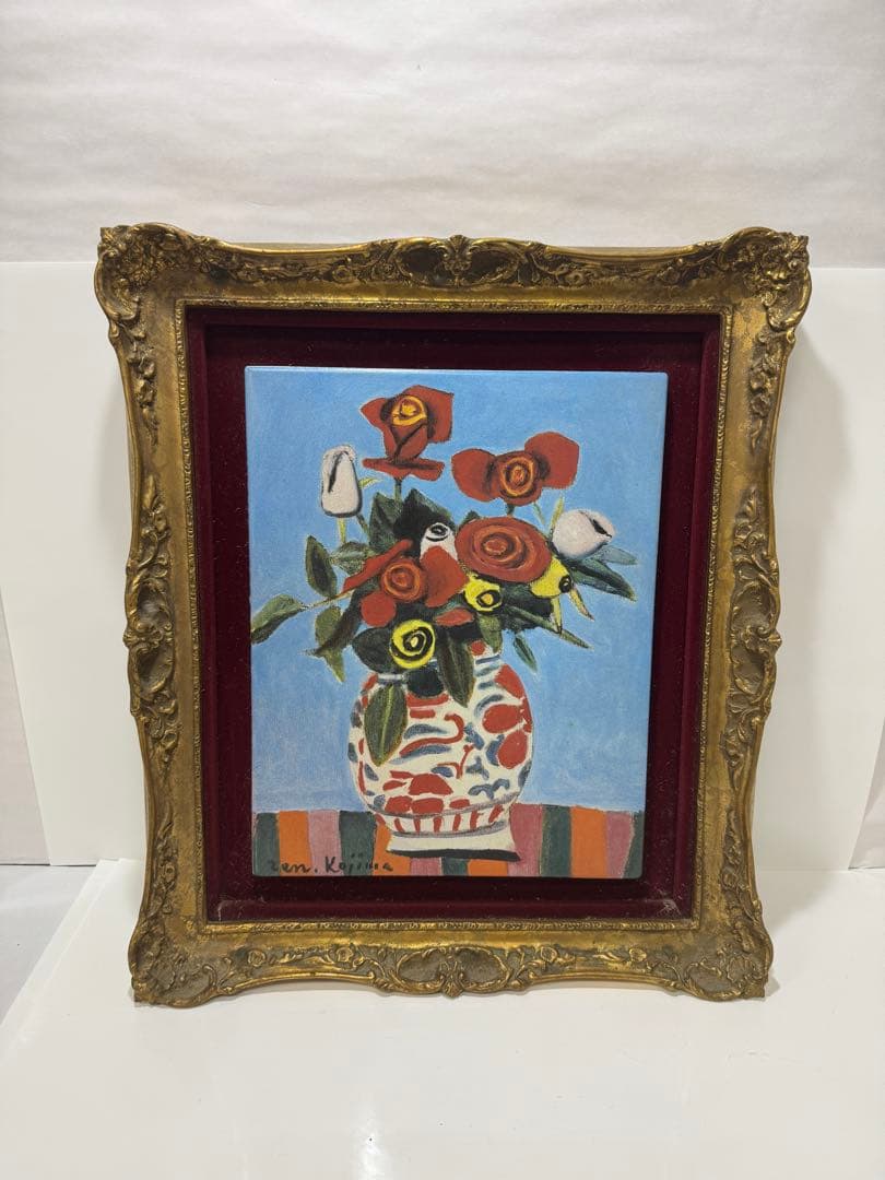 児島善三郎　陶額　陶板画　薔薇　額装