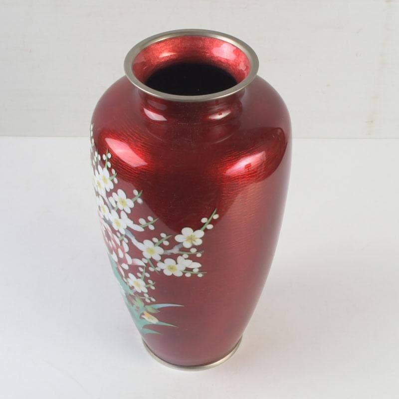 七宝焼　赤透釉　四君子文　花瓶　V　9699A