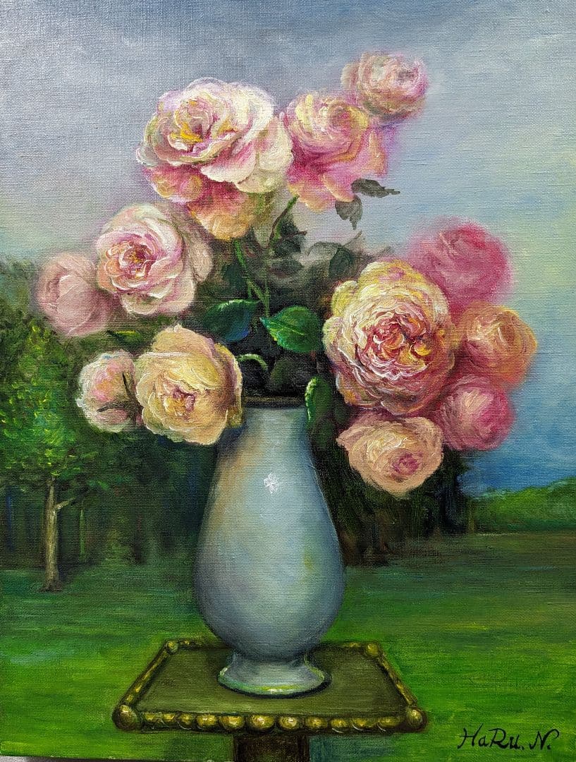 画家haru☆F6号油彩画☆庭園の薔薇★真作、原画、一点物。