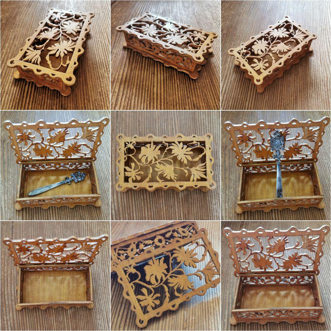 アンティークベルギー 透かし五面草花紋彫 木製小箱 小物入れ アール・ヌーヴォー