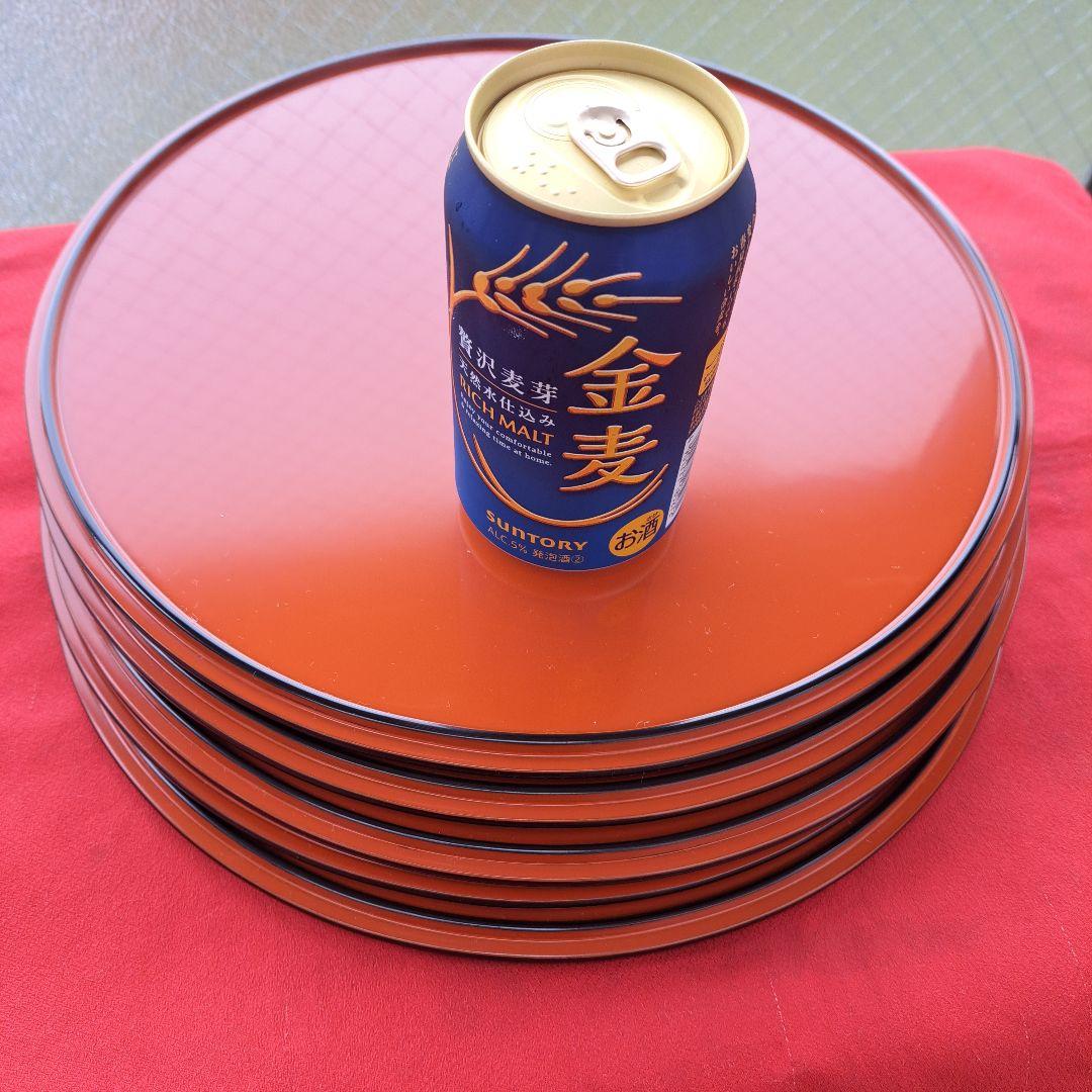 【輪島塗　尺サイズ　瑞祥盆×5客　童唄蒔絵】布着本堅地　作家物　未使用/長期保管