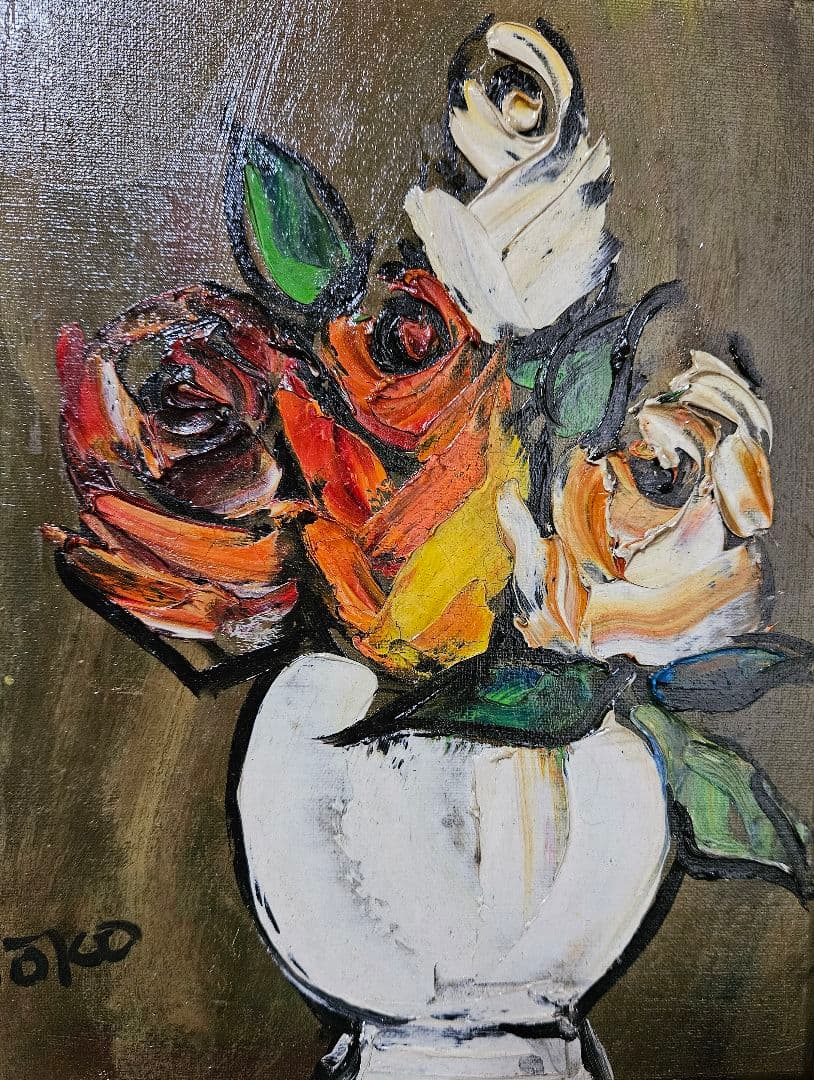 【真筆保証❗】湯浅洋子筆　油彩油絵　肉筆　題『ばら』額装　登録証付　師　錦儀一郎