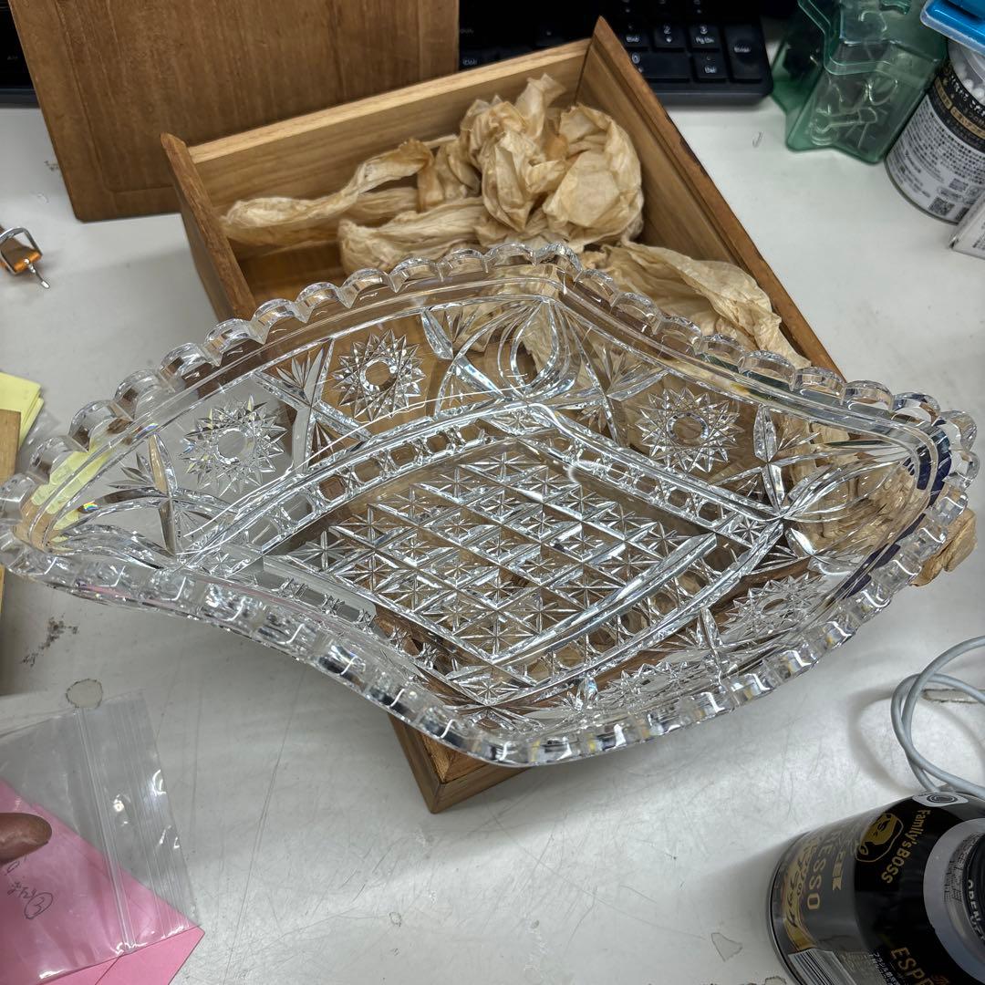 【未使用】変り皿　チェコスロバキア製　クリスタル　ダイヤカットグラス