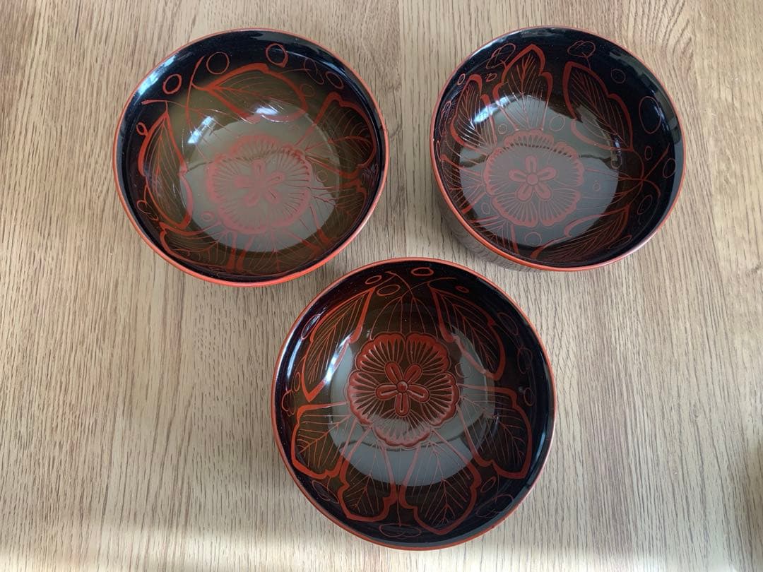 吉野塗　時代物　木芙蓉文のお椀3客　検懐石道具吉野塗　飯碗　吸物椀　珍品　蓋皿