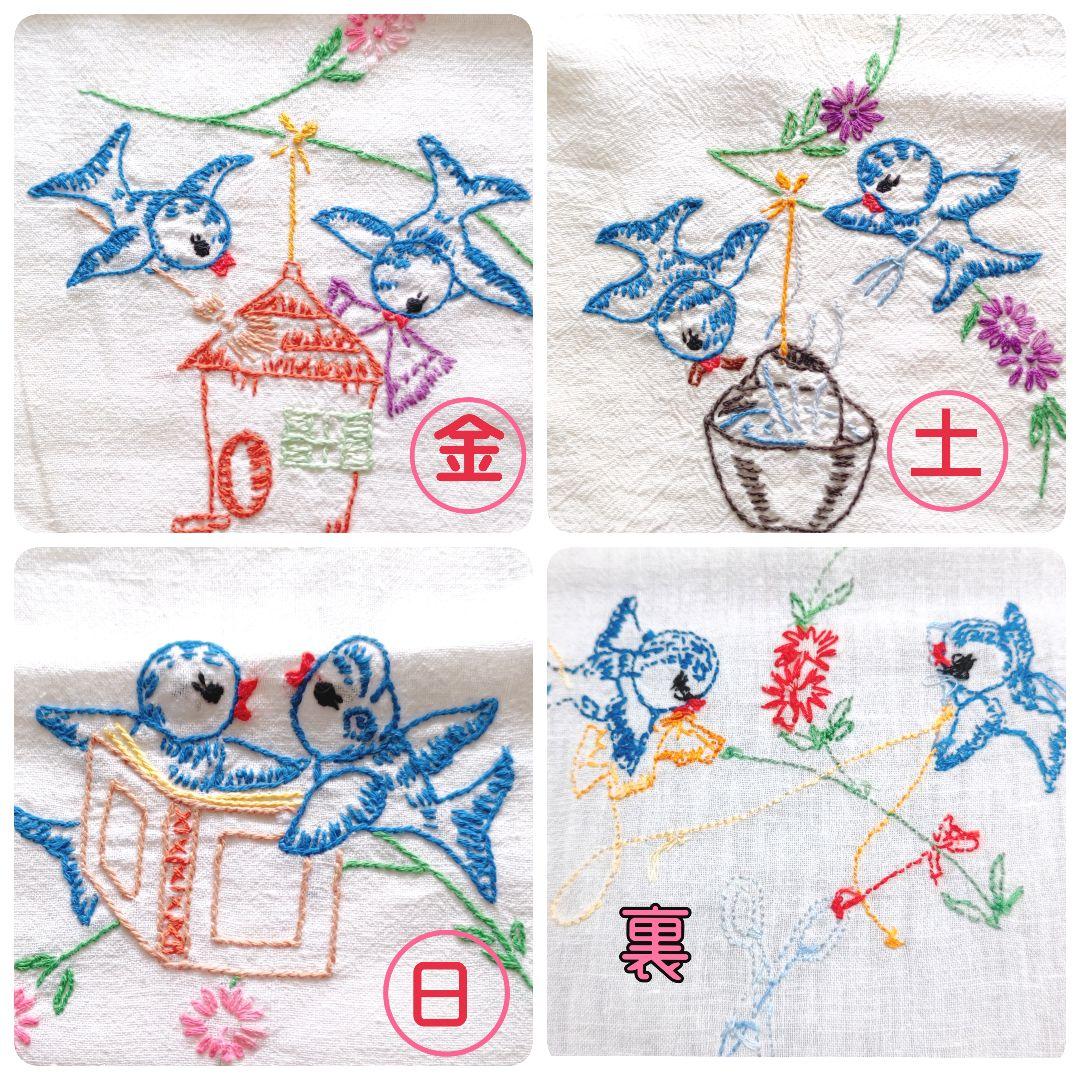 ビンテージ ウィークリークロス ブルーバード リネン 刺繍