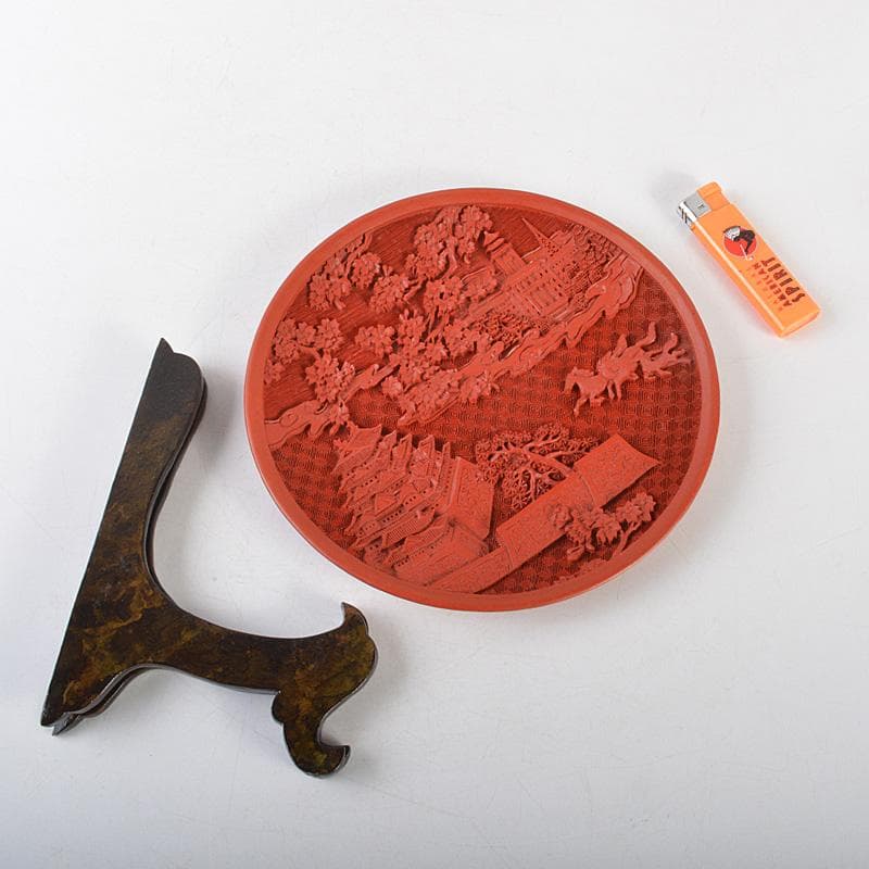 中国　堆朱　山水楼閣文盤　飾皿　飾立付　V　6535