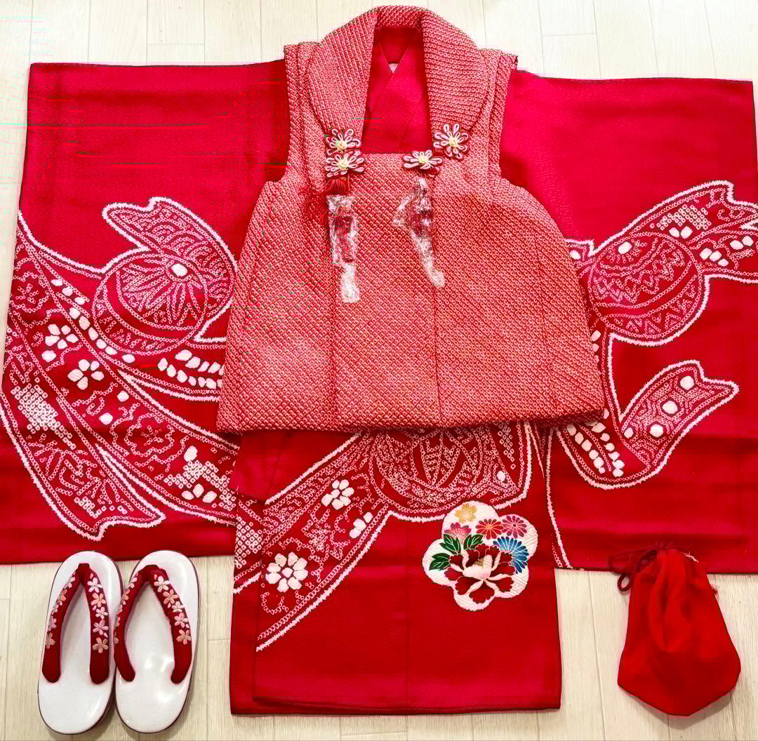 ★みみ★ 七五三　正絹　3歳　絞り　総絞り　被布　一つ身　フルセット　毱