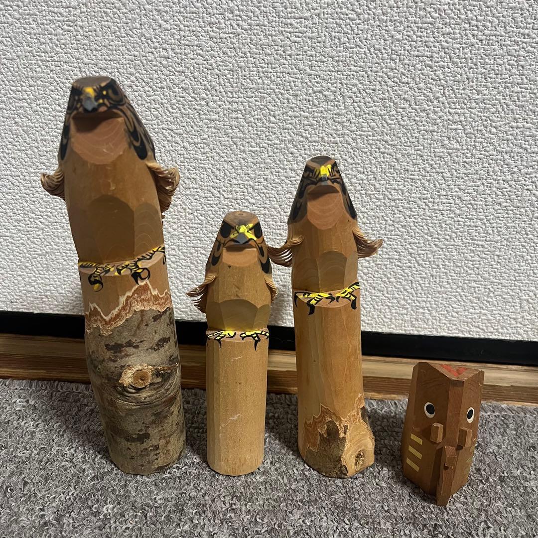 郷土玩具　笹野一刀彫　お鷹ぽっぽ　尾長鶏ポッポ 鷹の彫刻鶏の彫刻　９点セット