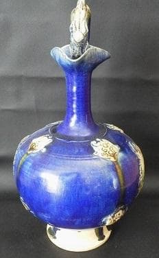 ＊中国古美術/藍釉三彩連弁紋龍耳瓶【保存箱付】