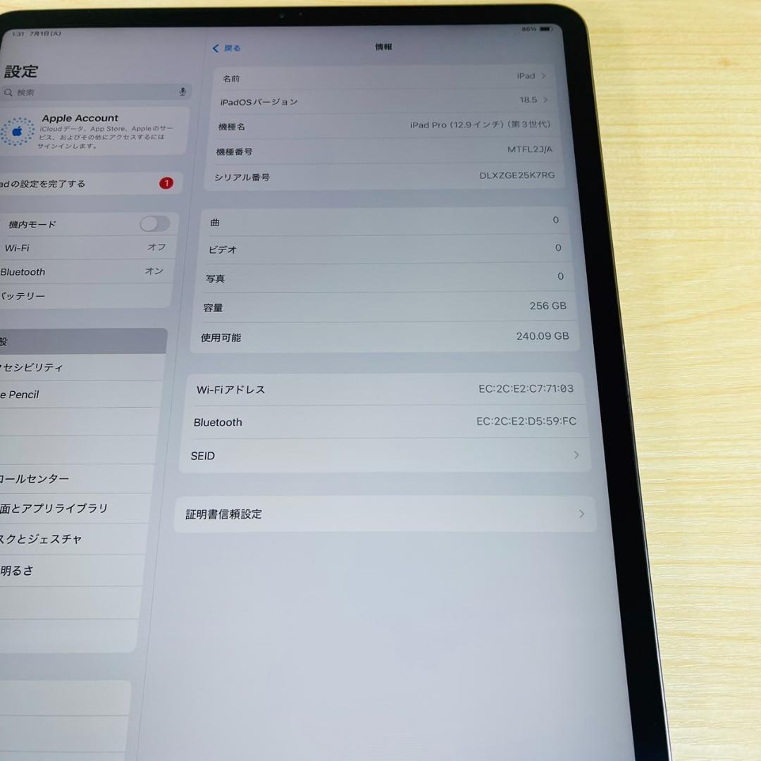 P178 美品 iPad Pro 第3世代 12.9 256GB Wi-Fi