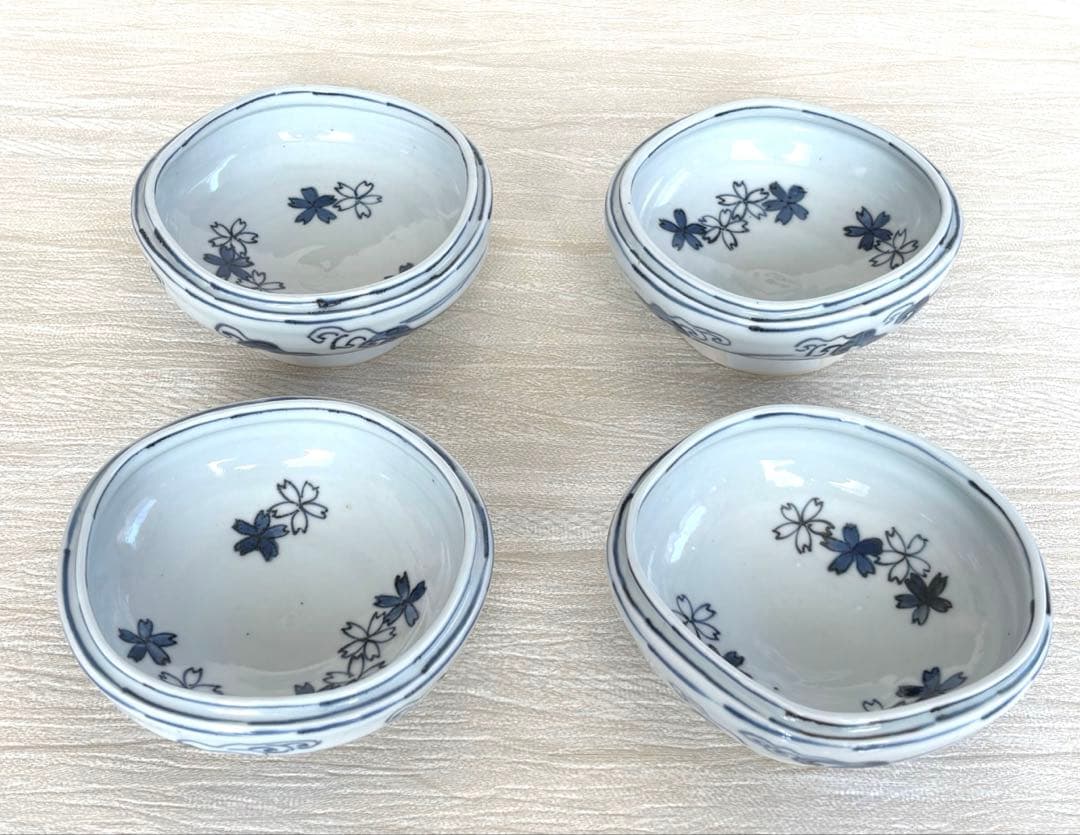 須田菁華 染付波桜文向付　小鉢　四客揃　九谷焼