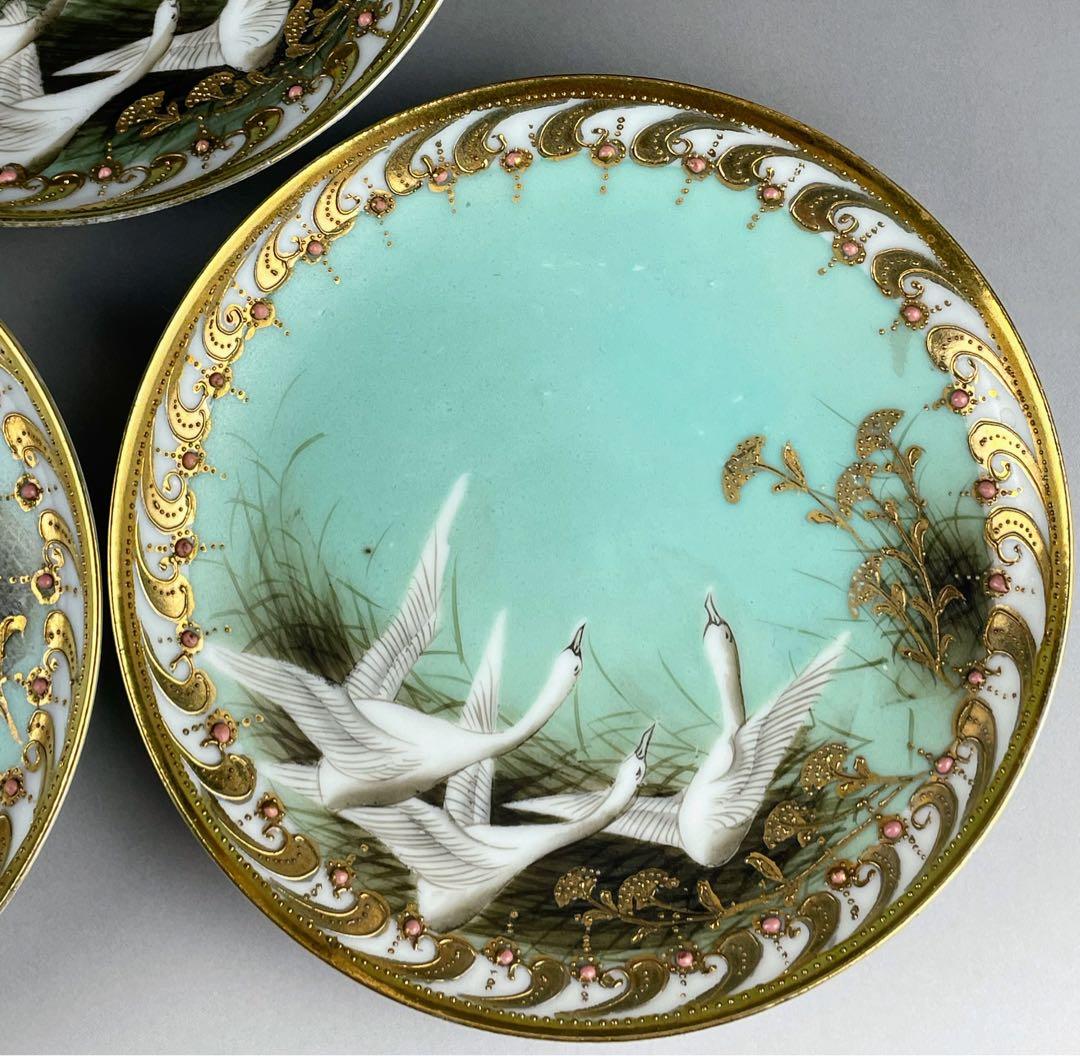 【希少】オールドノリタケ フライングスワン 脚付きティーカップ ソーサー 3客