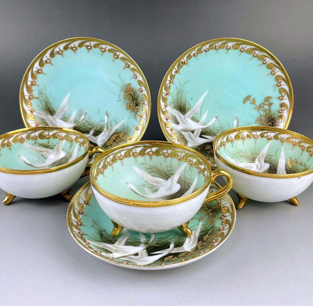 【希少】オールドノリタケ フライングスワン 脚付きティーカップ ソーサー 3客