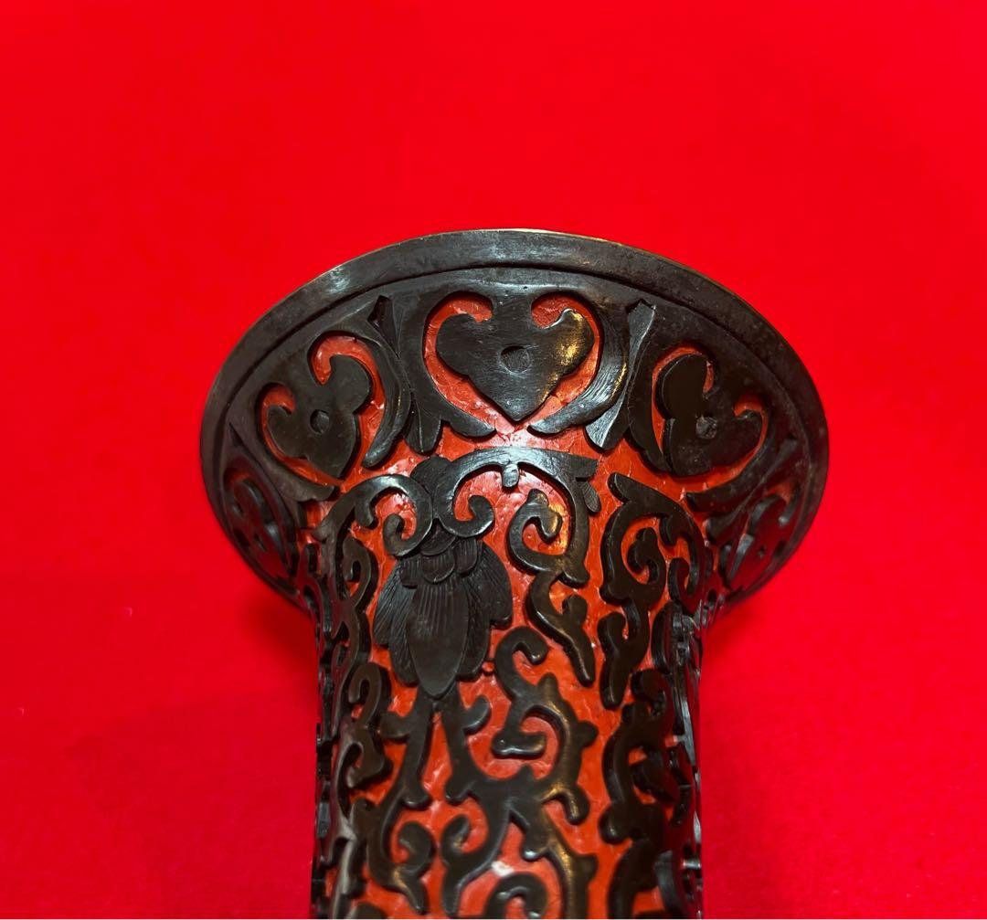 中国美術 古玩 堆朱 堆黒 漆彫花瓶 團龍紋樣花瓶 台座付き