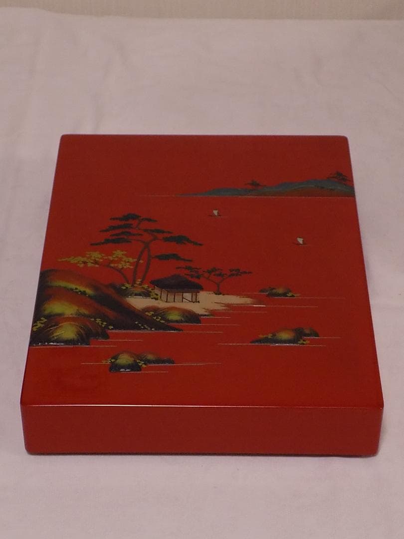 角萬　琉球漆器　堆錦山水　文箱　新品未使用