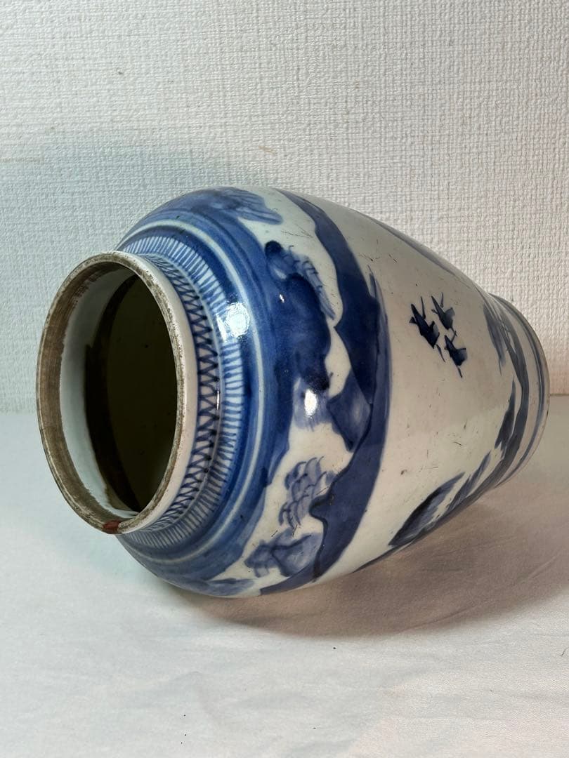 古伊万里　藍九谷染付沈香壷 江戸時代中期〜後期 口縁部朱漆修復