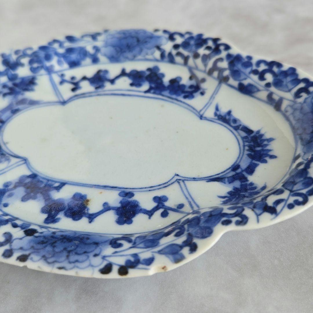 古伊万里　染付　花唐草　変形　小皿　江戸時代　金直し　金継ぎ　骨董　アンティーク